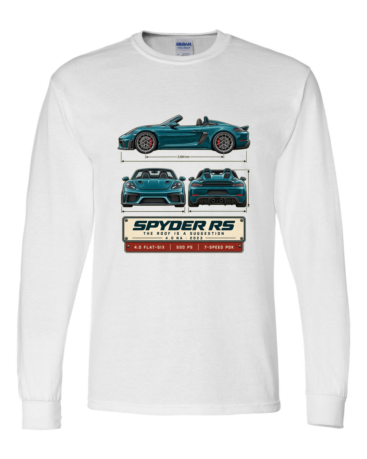 Three-view spec print of a Porsche 718 Spyder RS 982 white long sleeve front view with the design