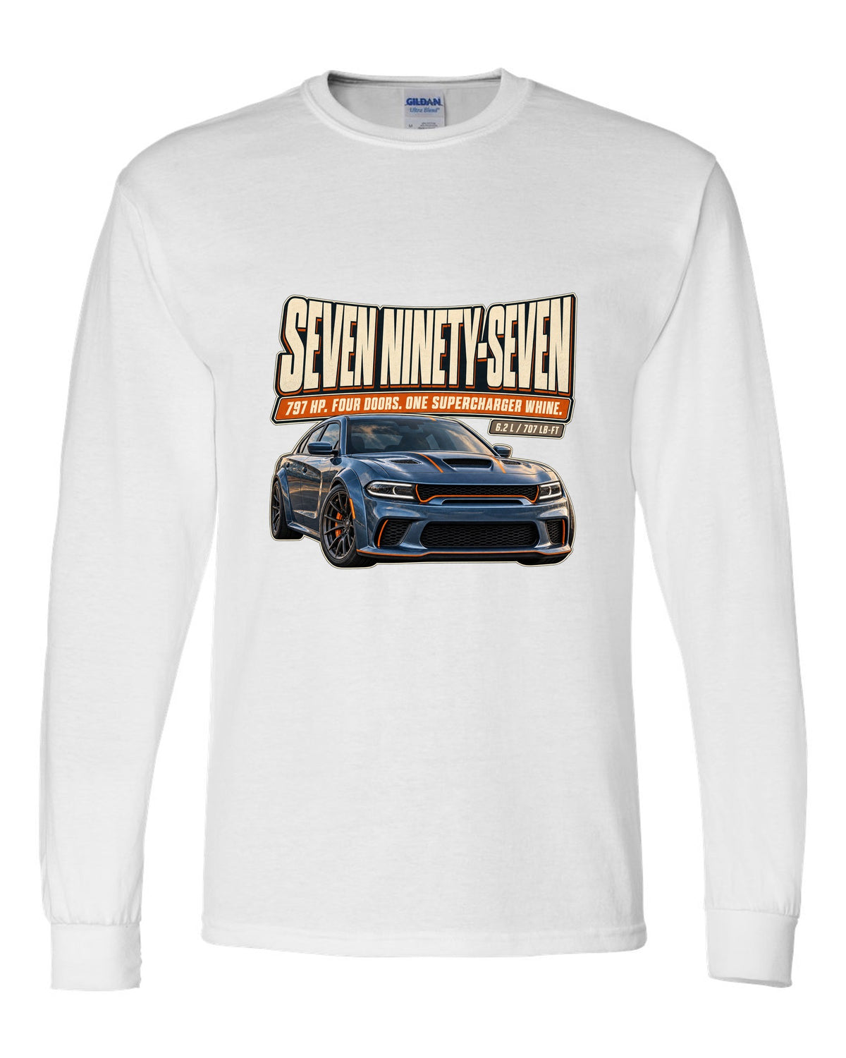 Dodge Charger SRT Hellcat Redeye Widebody editorial headline print white long sleeve front view with the design