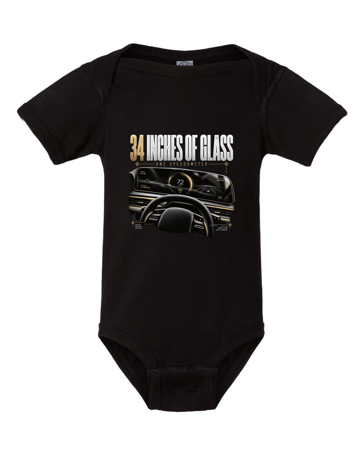 Lucid Air 2022 glass cockpit readout reading 34 inches of glass, one speedometer black baby onesie front view with the design
