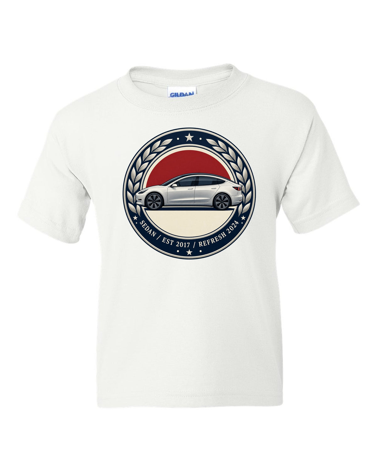 Round crest print of a Tesla Model 3 sedan reading Est 2017 and Refresh 2024 white kids tee front view with the design