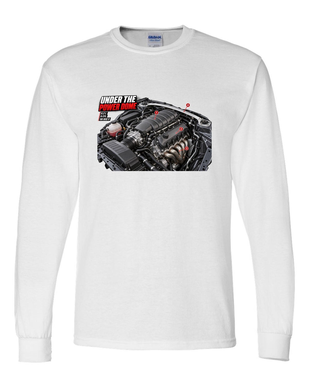 print of the Mercedes C63 AMG W204 M156 engine bay with the text Under The Power Dome white long sleeve front view with the design