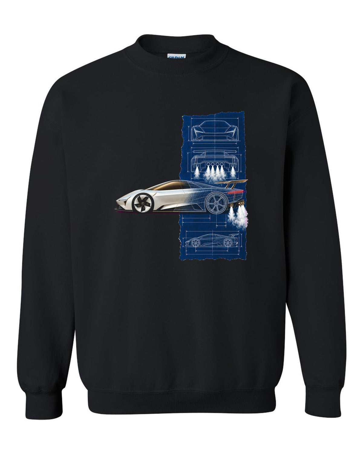 Tesla Roadster Blueprint Crewneck Black front