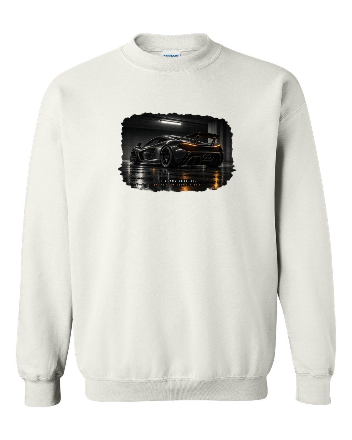 Garage night print of a 2015 McLaren 675LT with Longtail and 500 coupes text white crewneck front view with the design