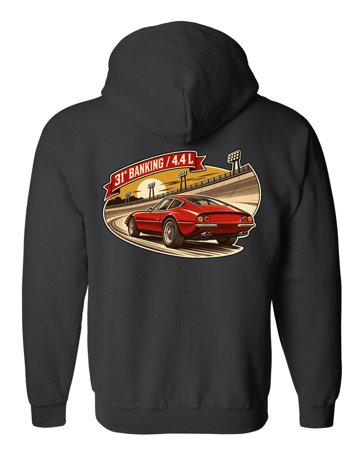 Sepia retro race-programme illustration of three Ferrari 365 GTB/4 Daytonas on banking black zip hoodie back view with the design
