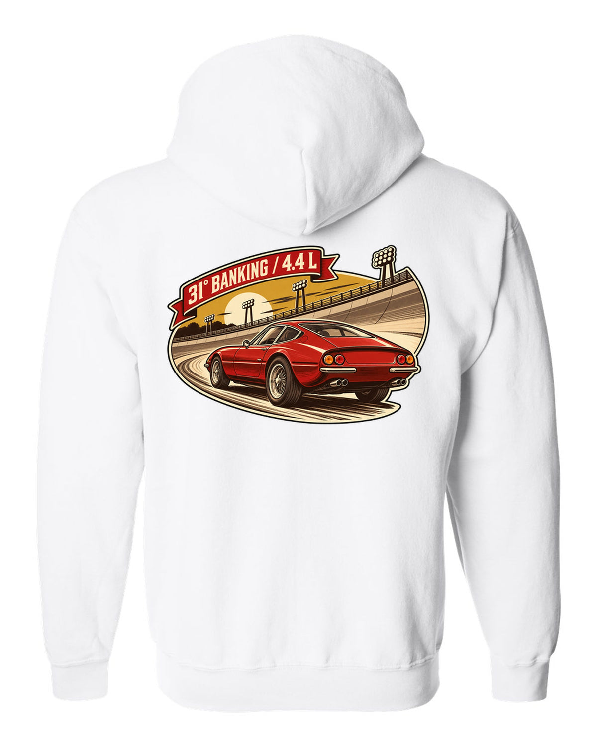 Sepia retro race-programme illustration of three Ferrari 365 GTB/4 Daytonas on banking white zip hoodie back view with the design