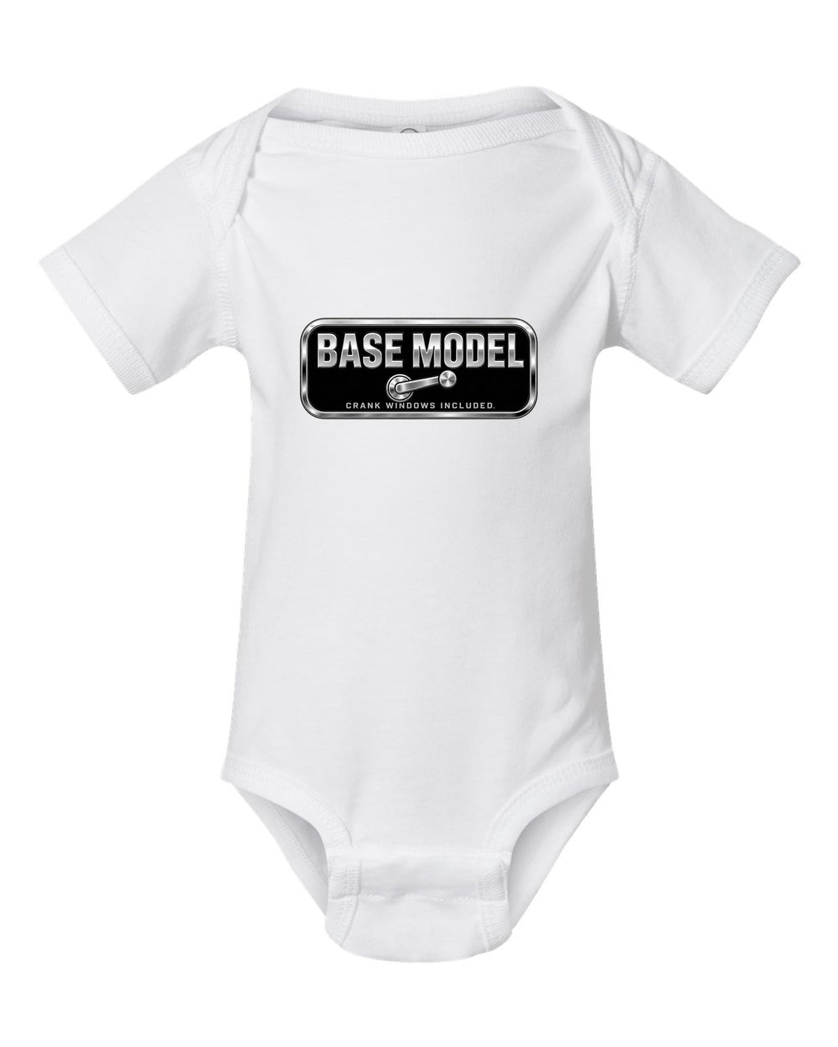 Base Model Crank Windows Included Funny Car Guy Shirt white baby onesie front view with the design