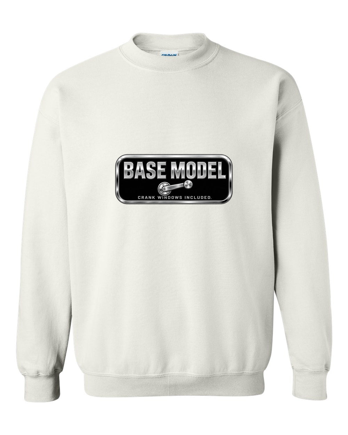 Chrome-style BASE MODEL plaque with window crank icon white crewneck front view with the design