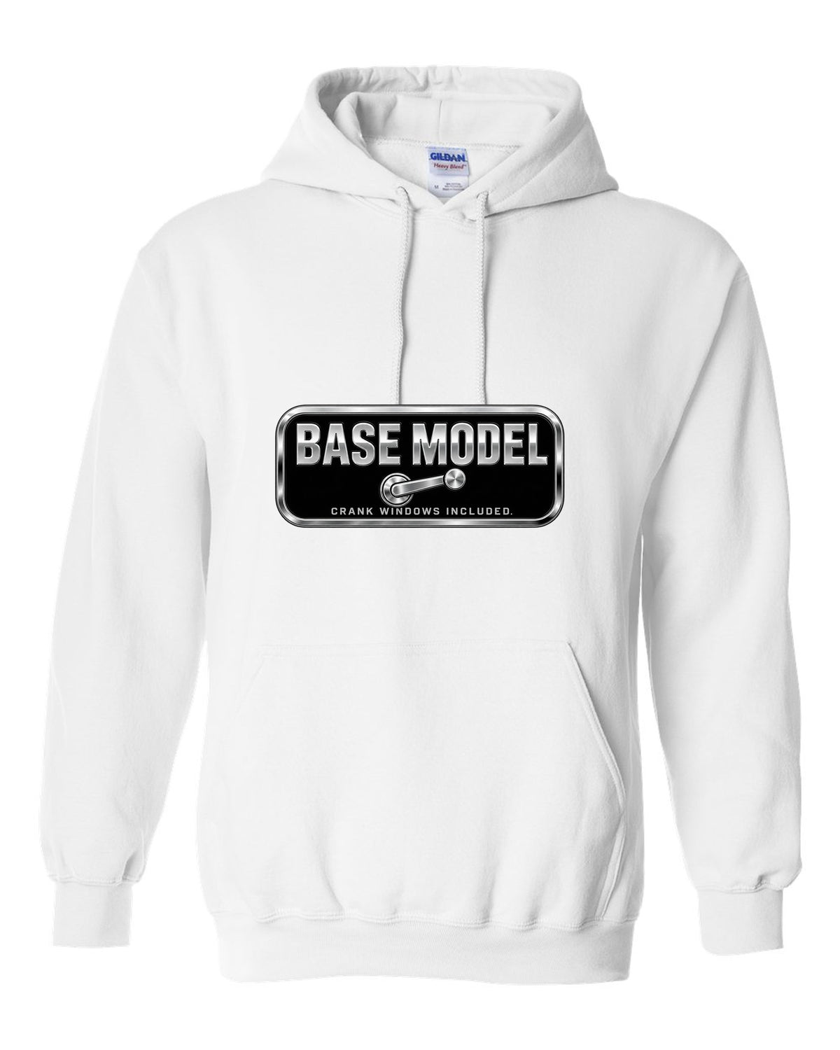 Chrome-style BASE MODEL plaque with window crank icon white pull over hoodie front view with the design