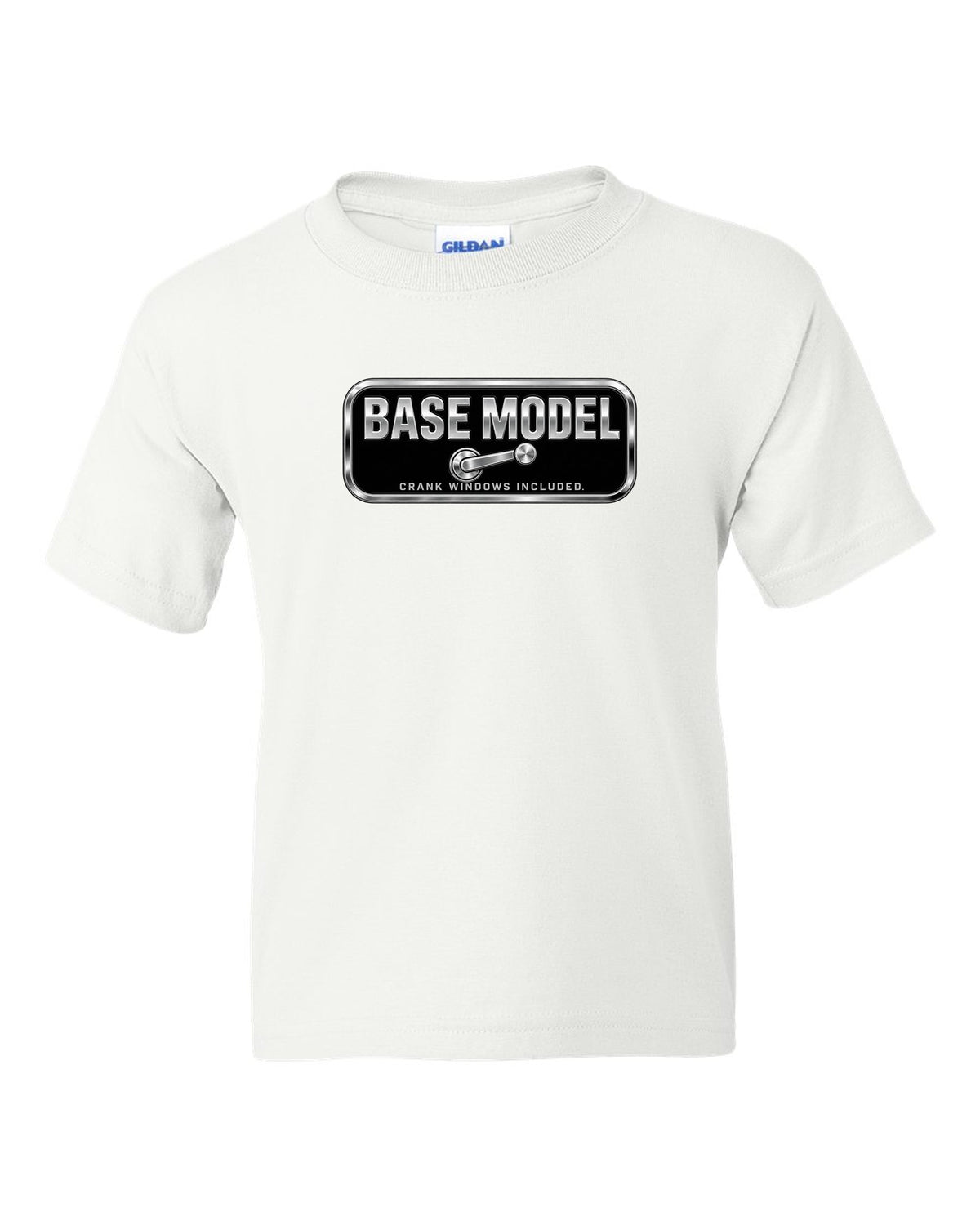 Chrome-style BASE MODEL plaque with window crank icon white kids tee front view with the design