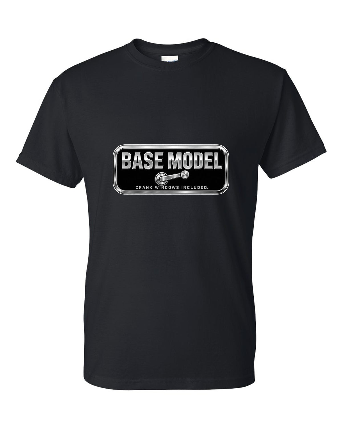 Chrome-style BASE MODEL plaque with window crank icon black t-shirt front view with the design