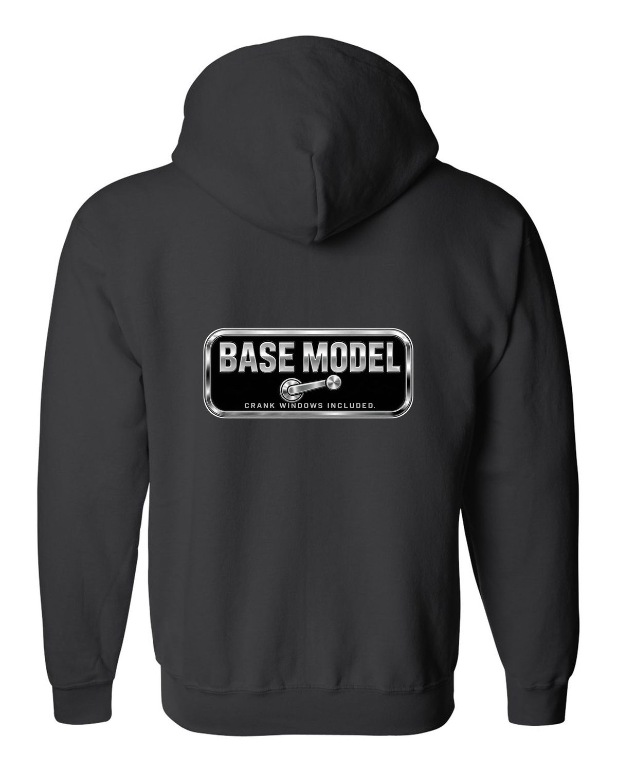 Chrome-style BASE MODEL plaque with window crank icon black zip hoodie back view with the design