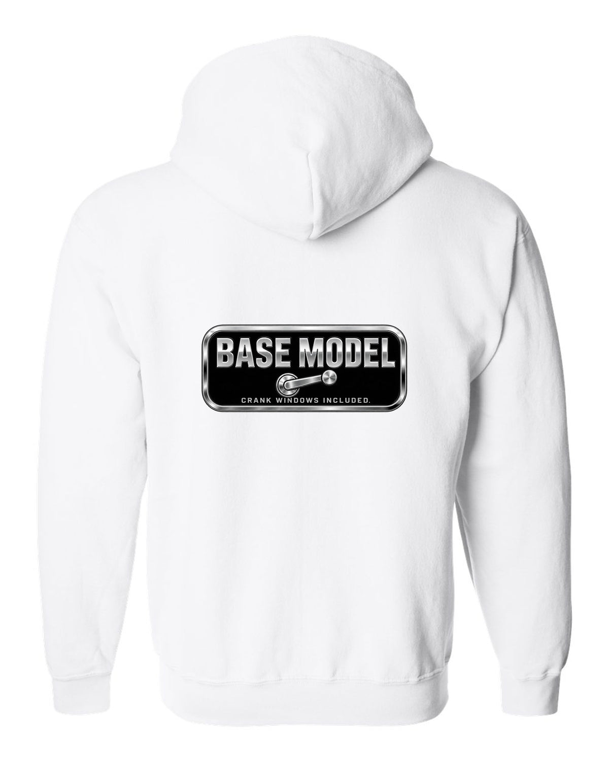 Chrome-style BASE MODEL plaque with window crank icon white zip hoodie back view with the design