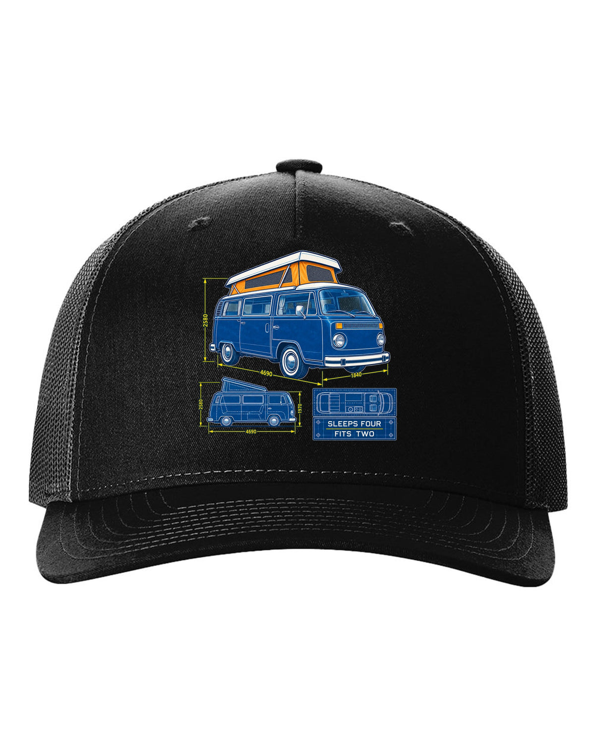 Cyanotype negative blueprint of a VW Bay Window T2 camper with sleeps four fits two text black hat front view with the design
