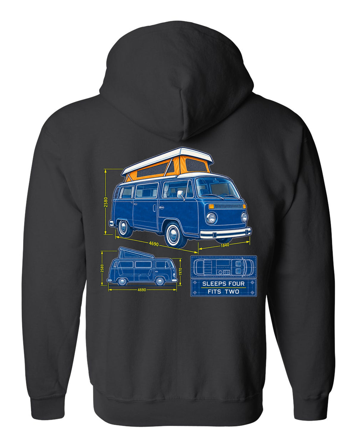 Cyanotype negative blueprint of a VW Bay Window T2 camper with sleeps four fits two text black zip hoodie back view with the design