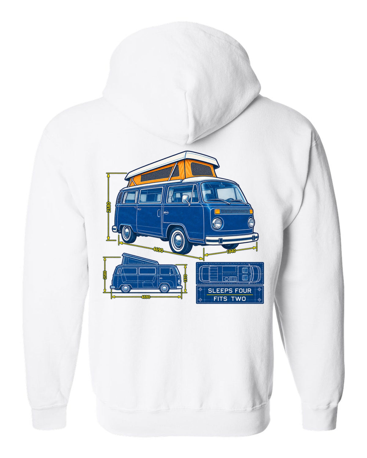 Cyanotype negative blueprint of a VW Bay Window T2 camper with sleeps four fits two text white zip hoodie back view with the design