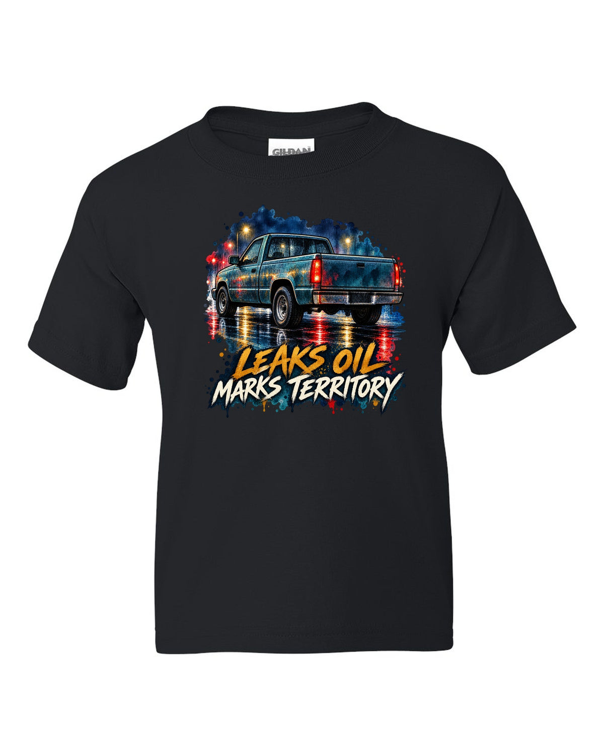 Watercolour wet-road night print of a 1989-1993 Dodge Ram D250 Cummins black kids tee front view with the design