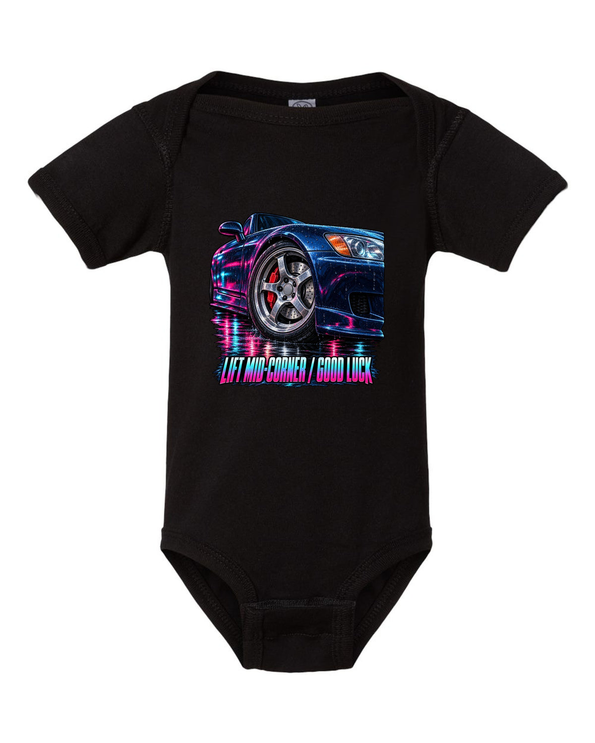 Cinematic macro painting print of a Honda S2000 AP1 cornering with lift mid-corner good luck text black baby onesie front view with the design