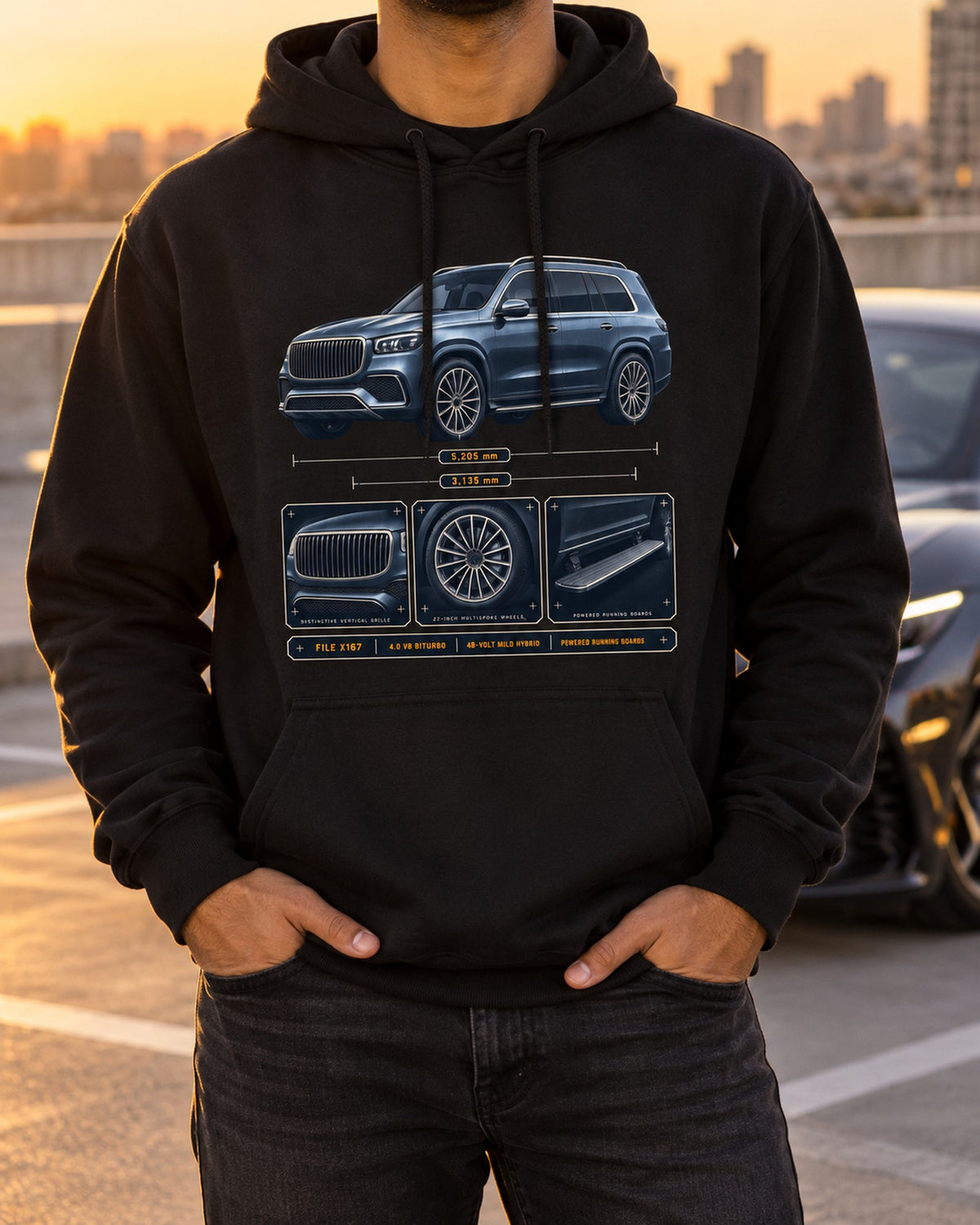 Mercedes-Maybach GLS 600 X167 Dossier print, SUV Car Tee Pull Over Hoodie Black worn hero