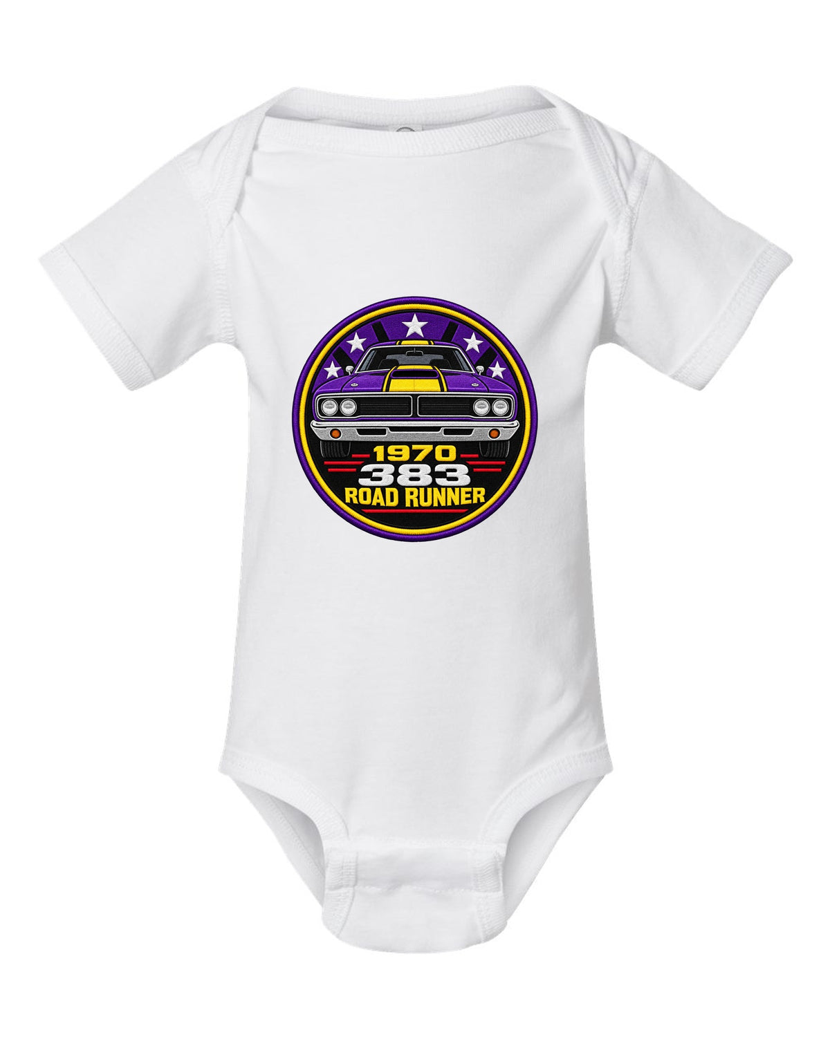 Original round crest print for a 1970 Plymouth Road Runner with 383 lettering white baby onesie front view with the design