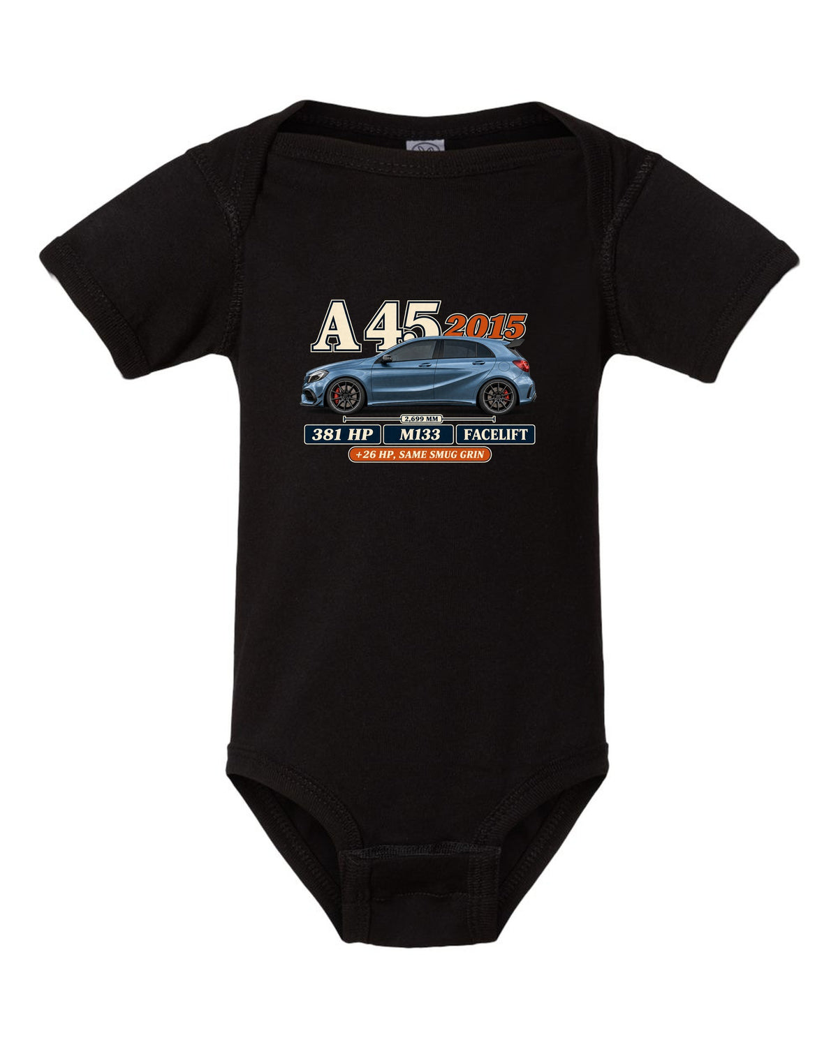 Mercedes-AMG A45 W176 facelift 2015 archive panel print black baby onesie front view with the design