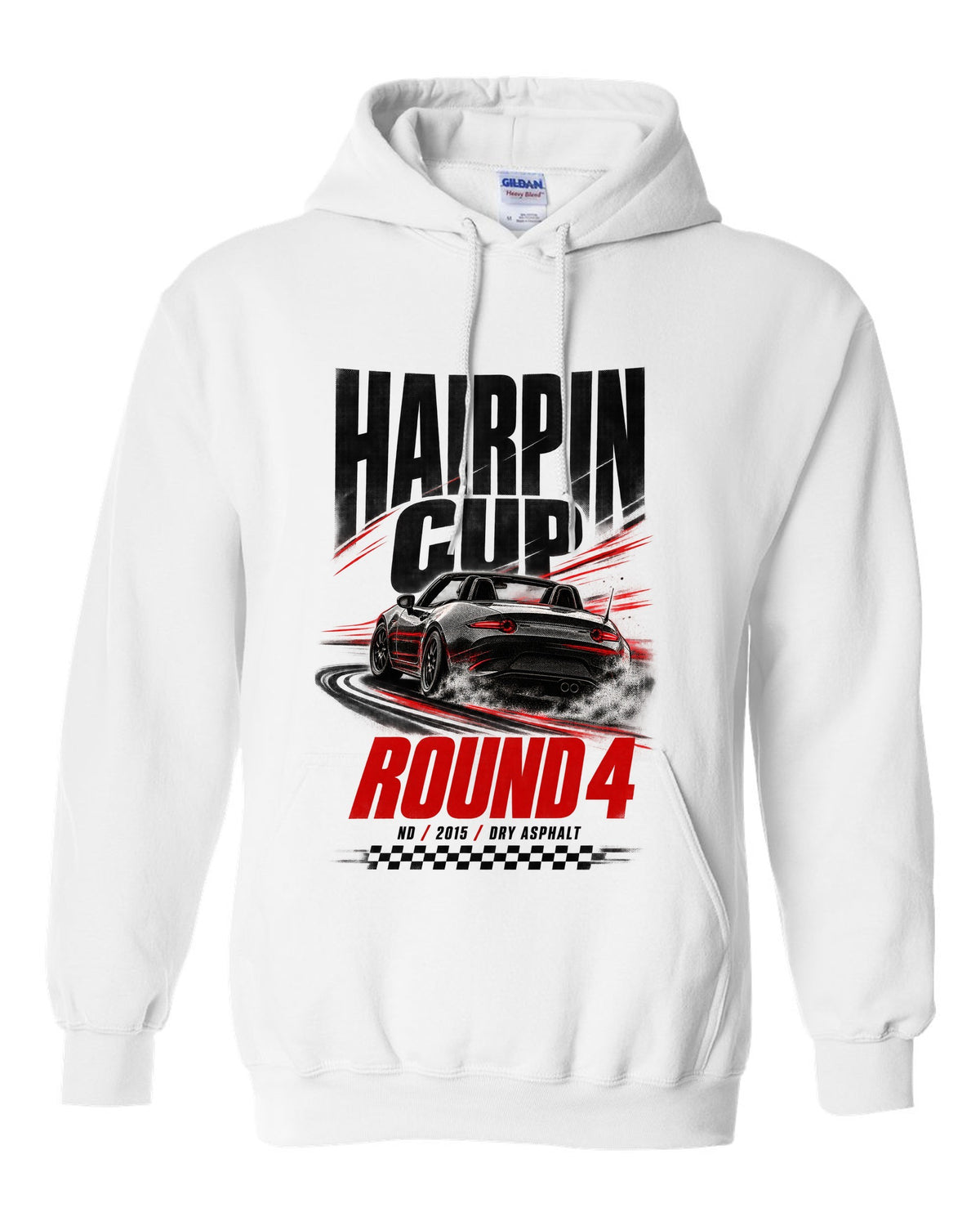 Race poster print of a Mazda MX-5 ND for the Hairpin Cup round 4 white pull over hoodie front view with the design