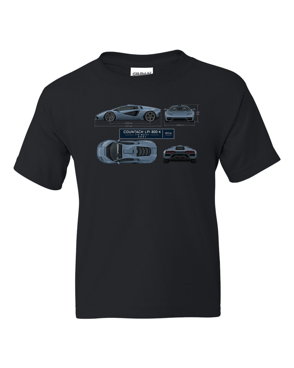 Lamborghini Countach LPI 800-4 dimension blueprint print with 112 built 2021 lettering black kids tee front view with the design