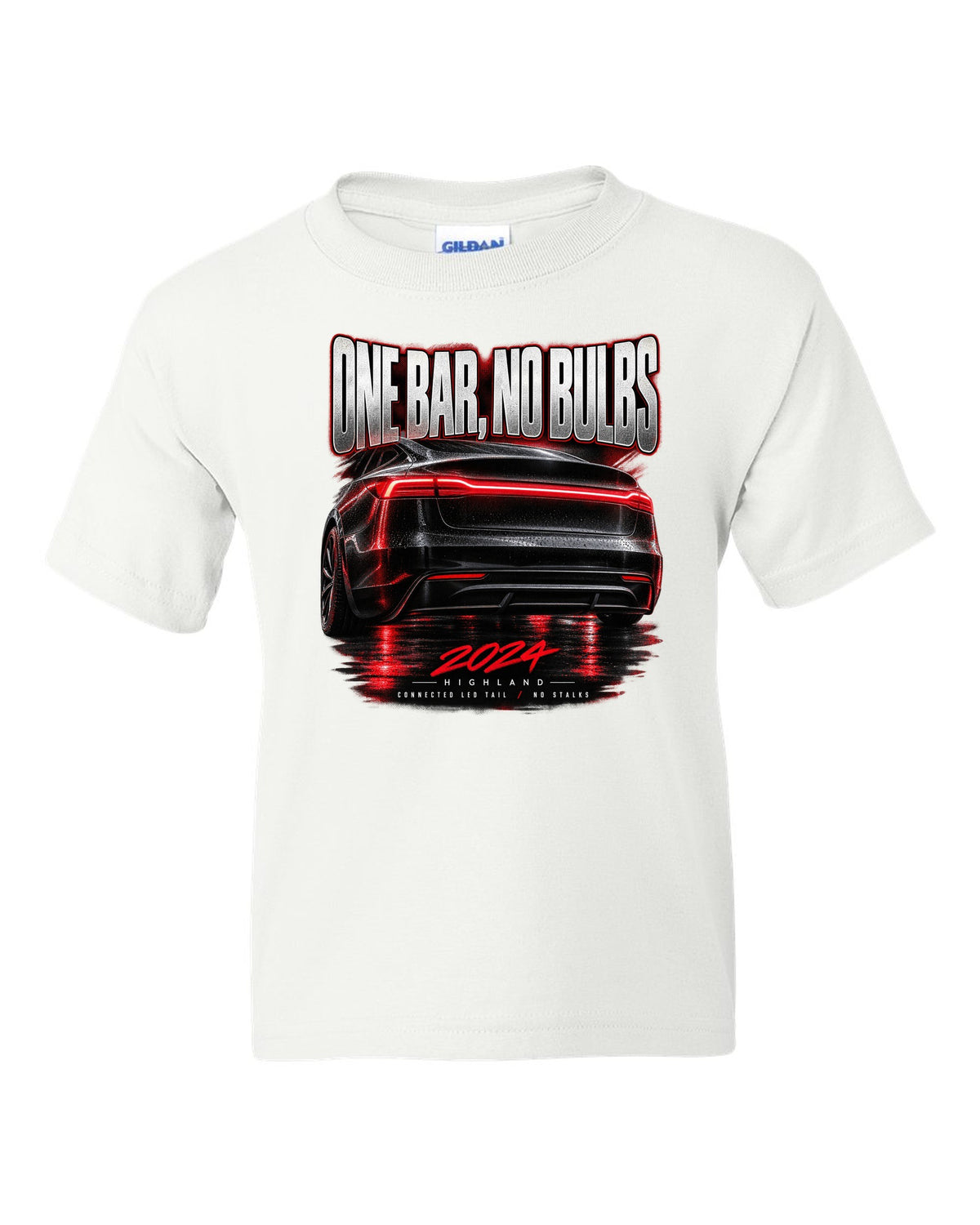 Taillight macro print of a 2024 Tesla Model 3 Highland connected LED tail white kids tee front view with the design