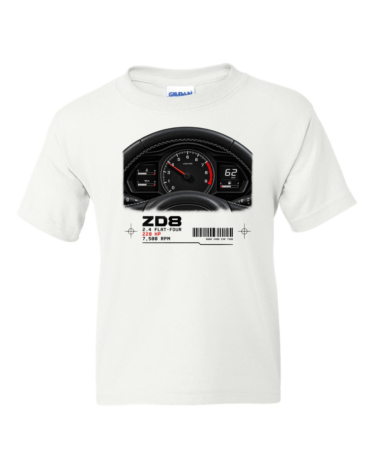 Cockpit gauge cluster print for the Subaru BRZ ZD8 with 2.4 flat-four, 228 HP and 7,500 RPM text white kids tee front view with the design