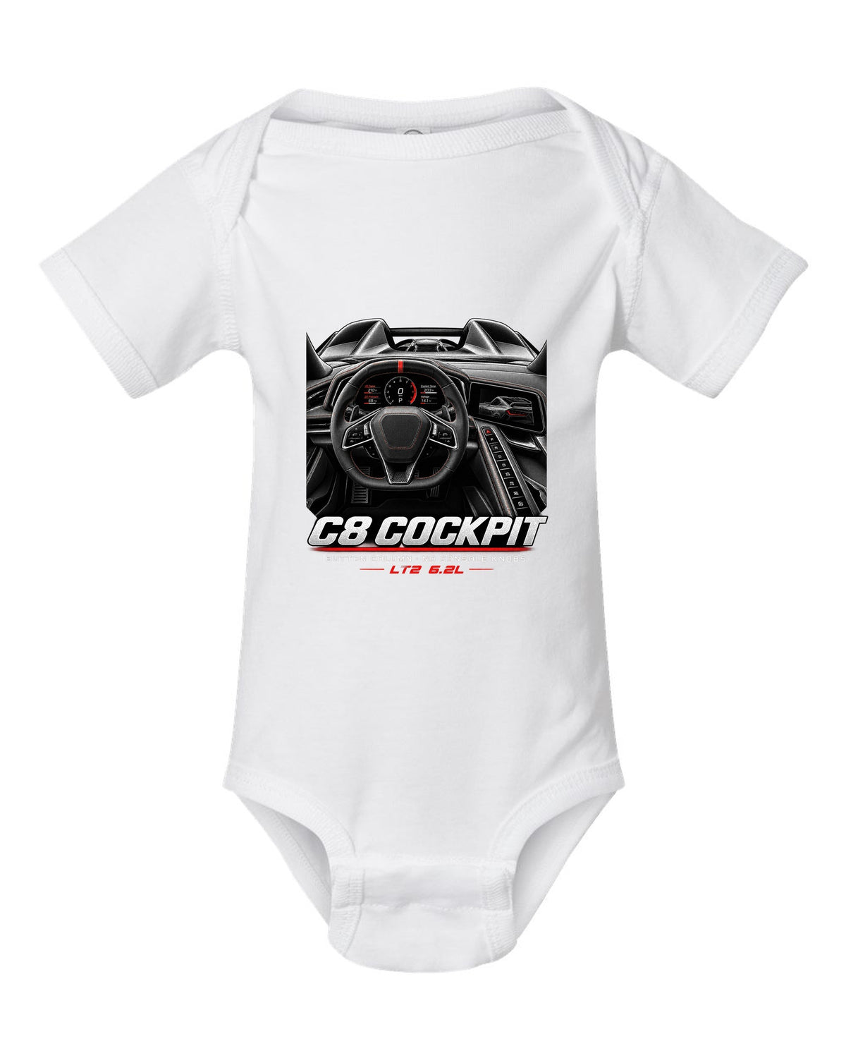Corvette C8 Stingray 2020 cockpit with button column white baby onesie front view with the design