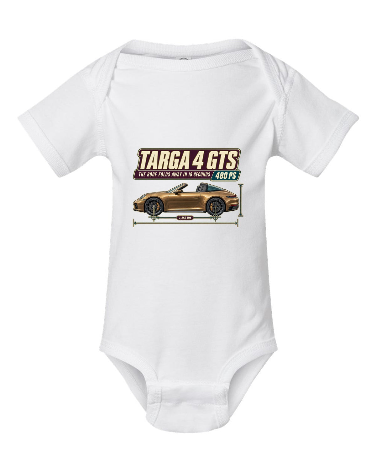 Editorial headline print of a Porsche 911 Targa 4 GTS 992 white baby onesie front view with the design