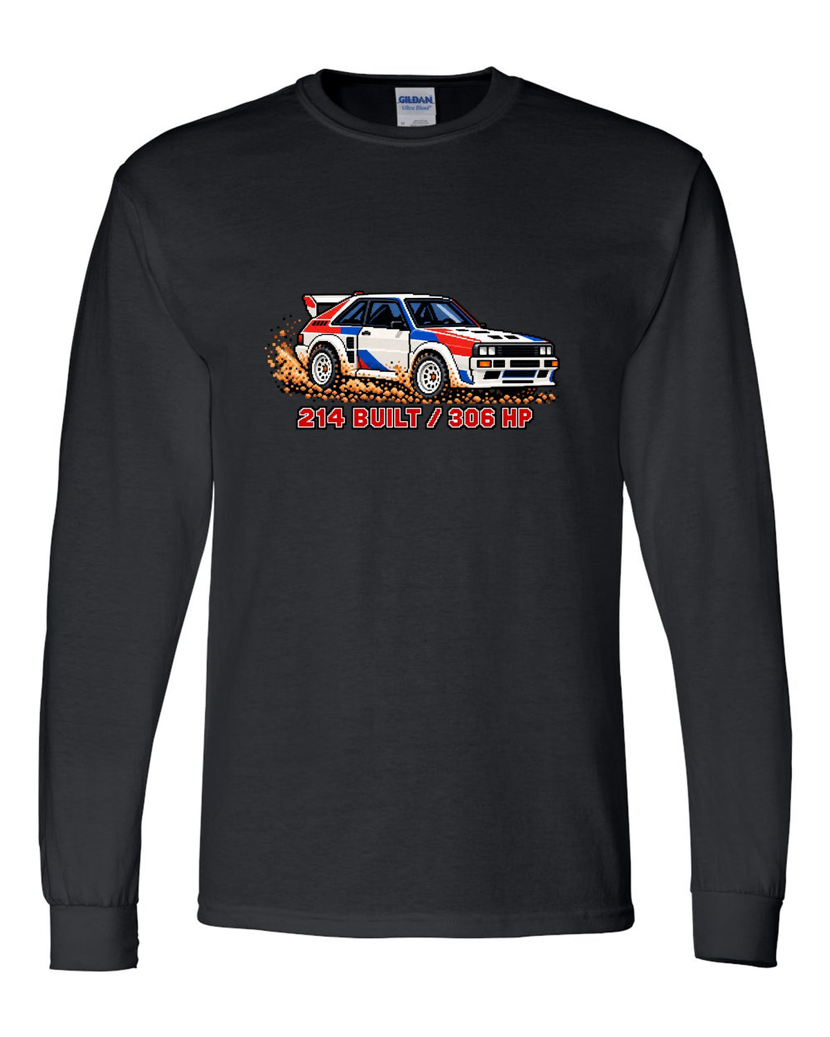 16-bit pixel art print of an Audi Sport Quattro SWB with 214 Built text black long sleeve front view with the design