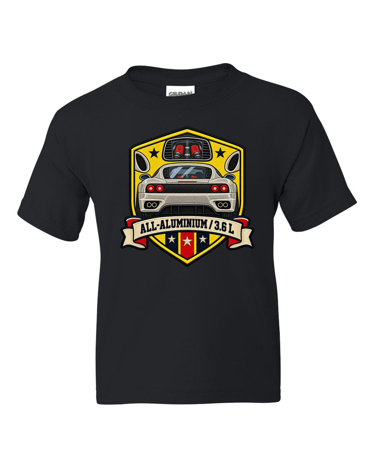 Shield crest print for the Ferrari 360 Modena with All-Aluminium and 3.6 L lettering black kids tee front view with the design