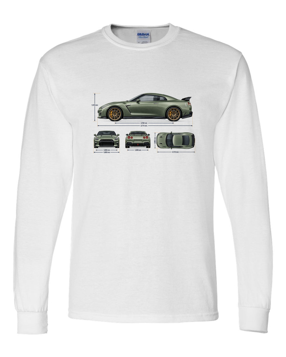 Nissan GT-R R35 rear three-quarter in red halftone showing four round taillights white long sleeve front view with the design
