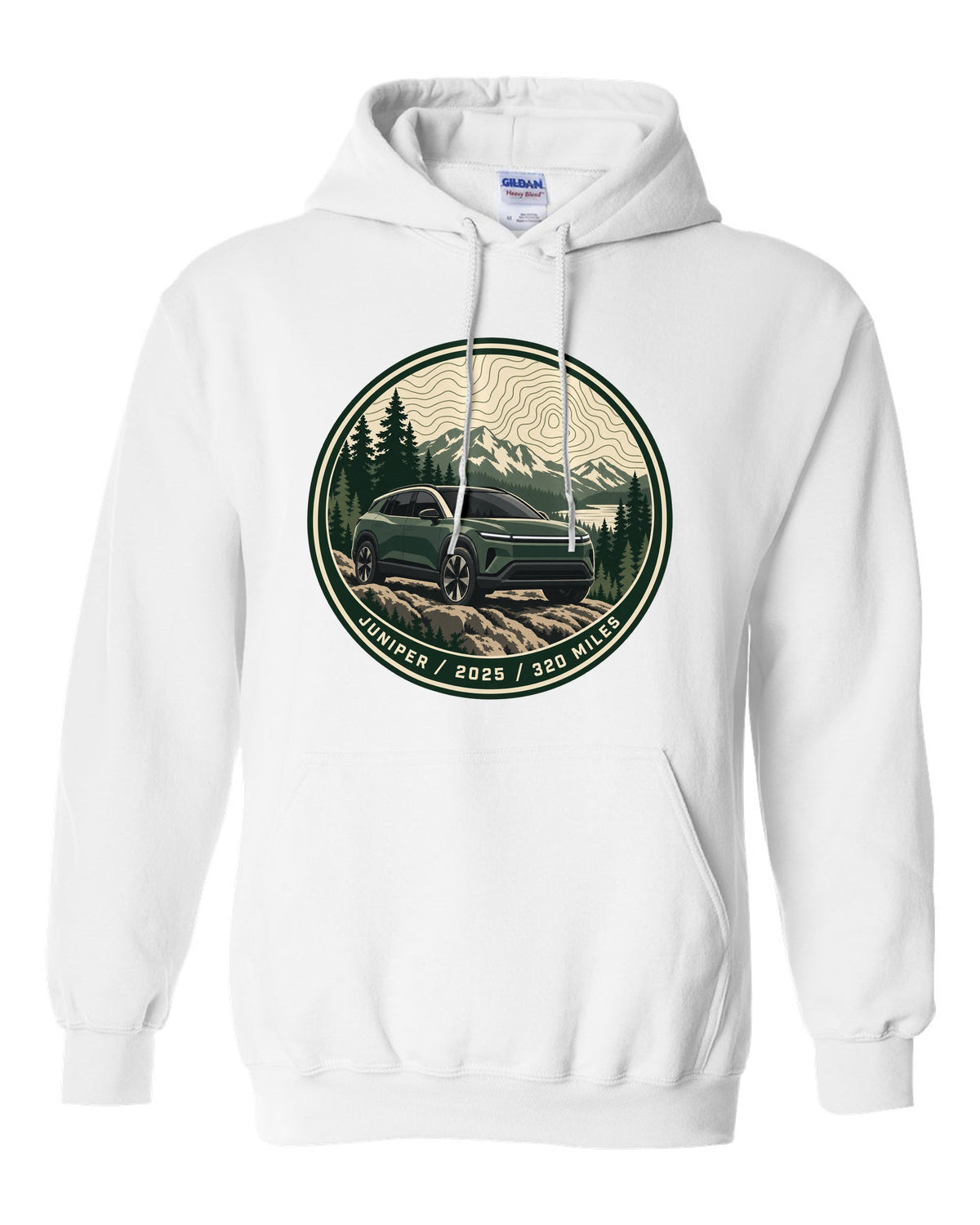 Topographic contour map trail badge print for a Tesla Model Y Juniper reading Juniper 2025 320 Miles white pull over hoodie front view with the design
