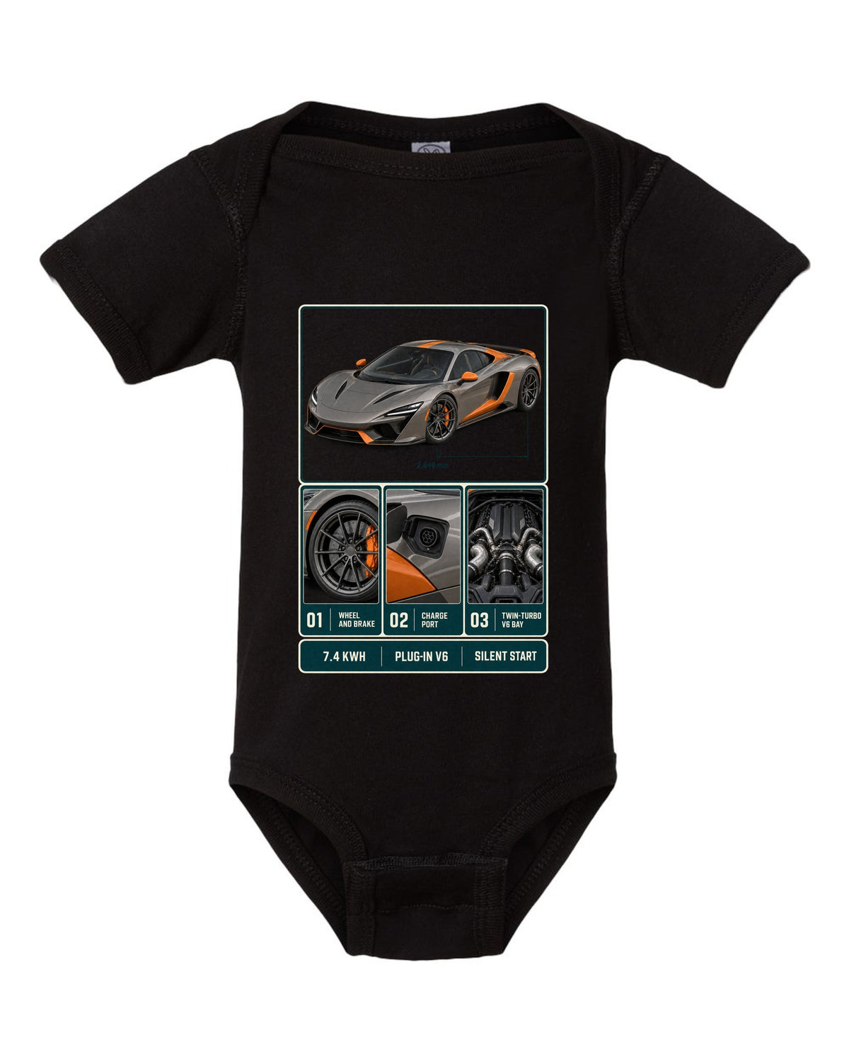 McLaren Artura dossier panel print with 7.4 kWh, plug-in V6 and silent start black baby onesie front view with the design