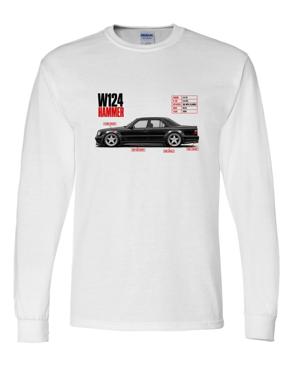 print spec poster of a Mercedes W124 Hammer with text 0-60 5.0 sec, 5.6 V8, 1988 white long sleeve front view with the design