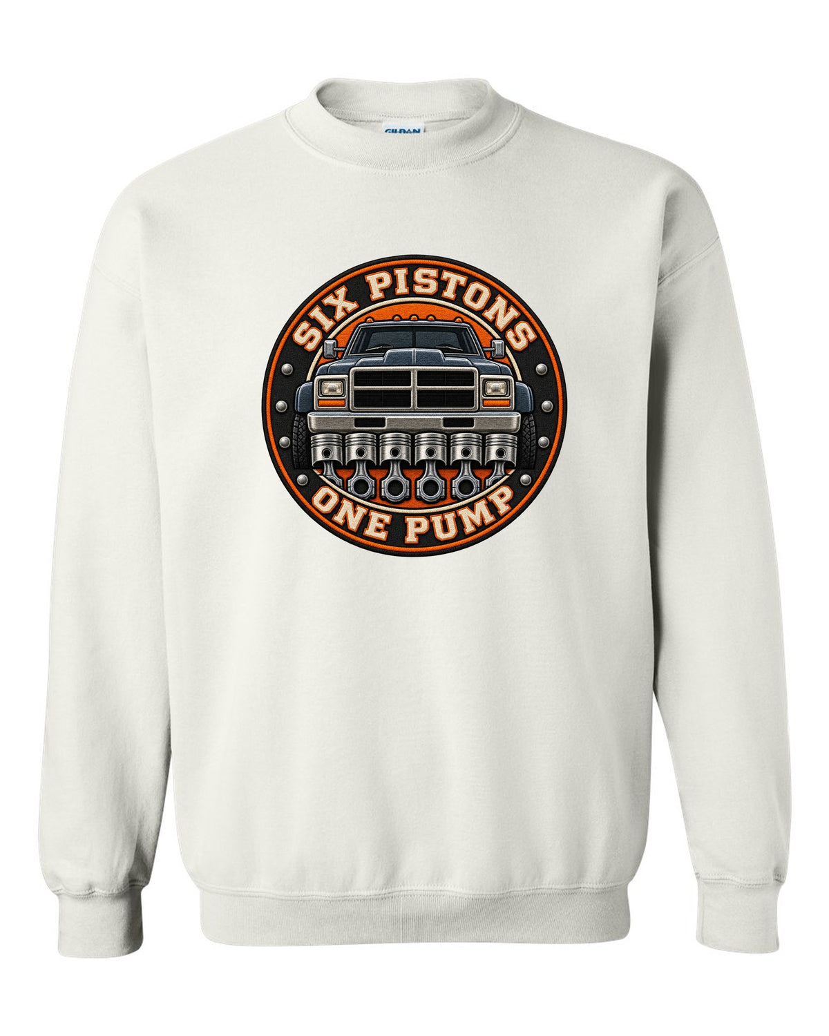 Round varsity crest print for a 1994-1998 Dodge Ram 2500 12V Cummins white crewneck front view with the design