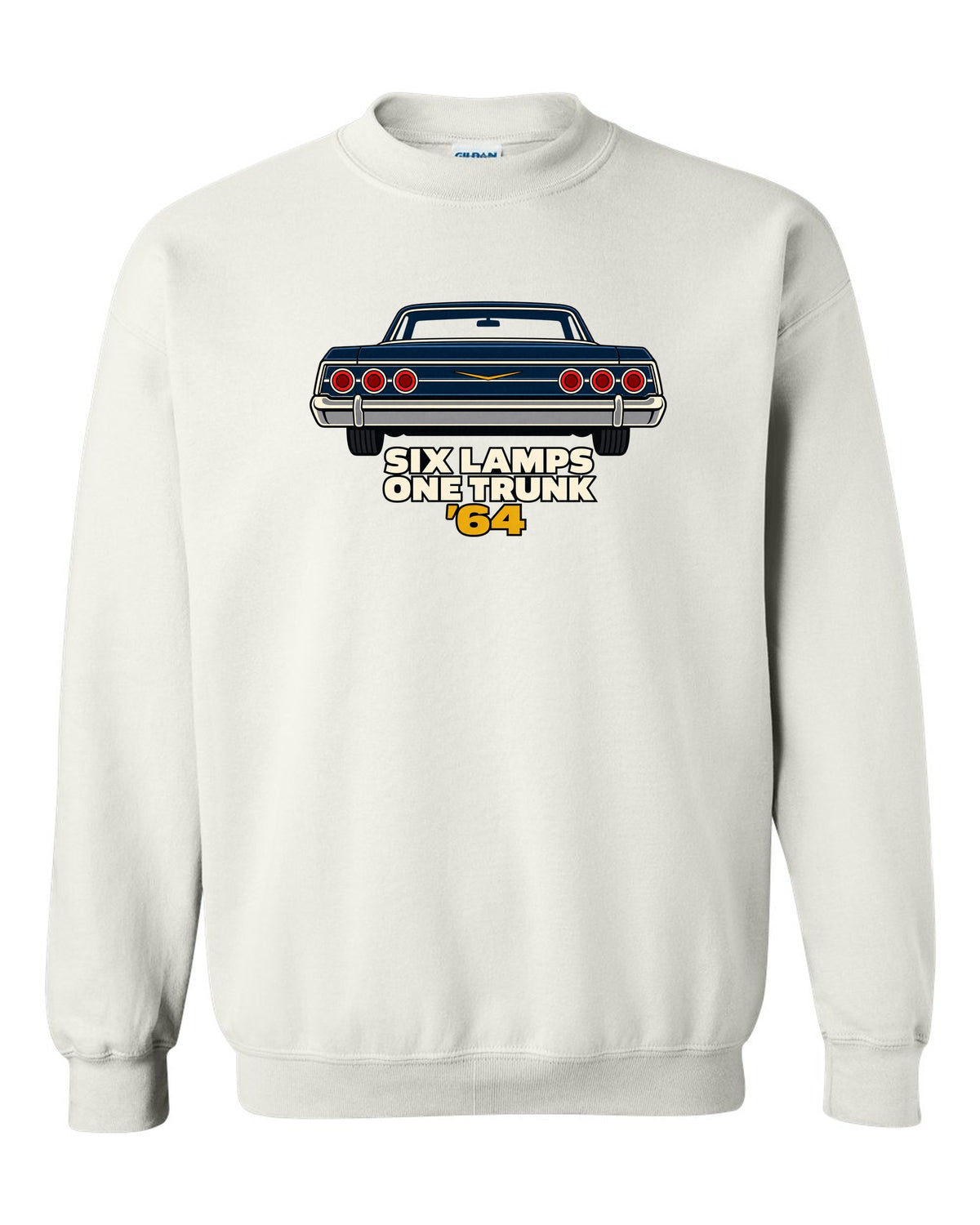 1964 Chevrolet Impala rear in minimal geometric vector style with text Six Lamps One Trunk '64 white crewneck front view with the design