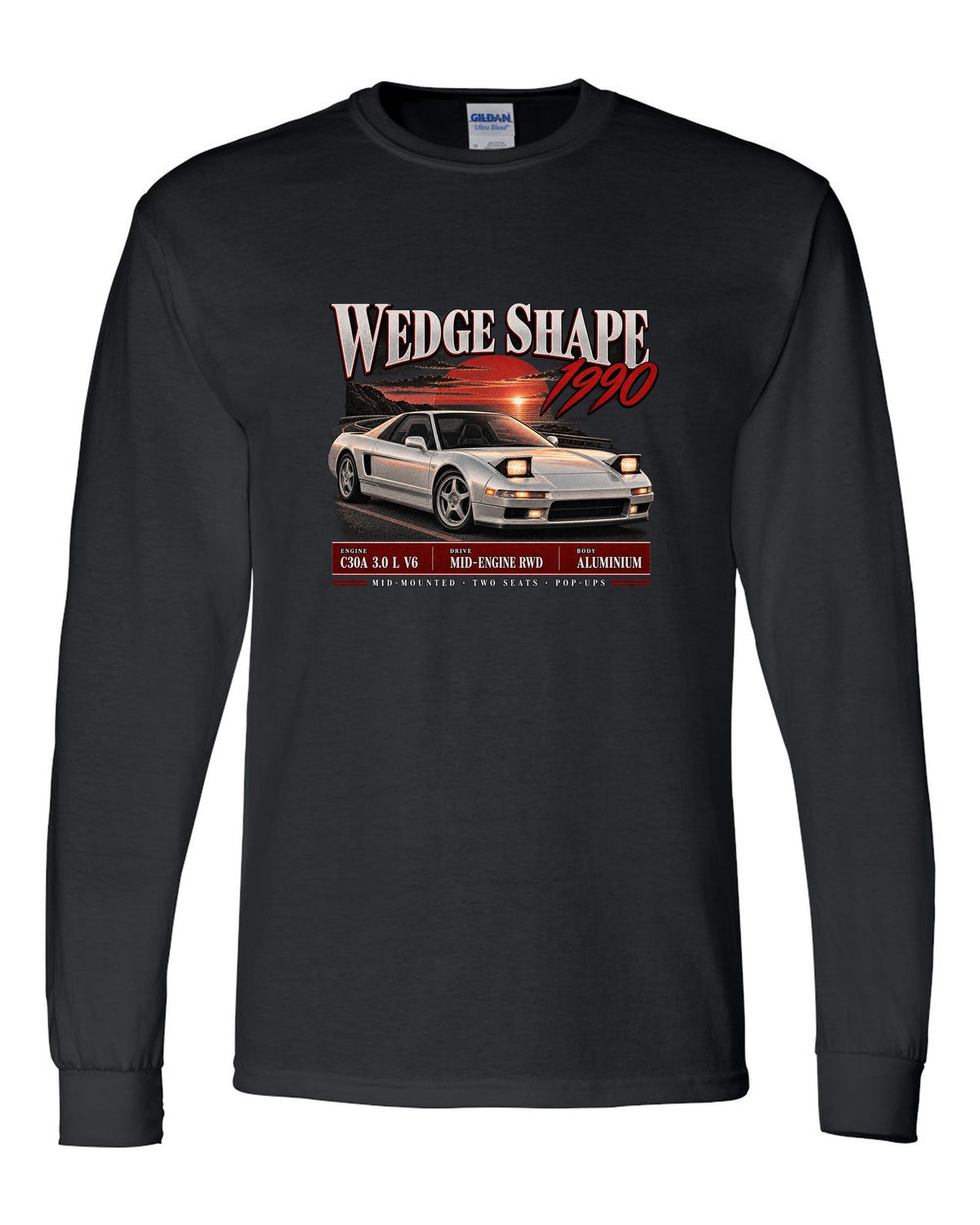 Honda NSX NA1 archive panel design with wedge shape 1990 text black long sleeve front view with the design