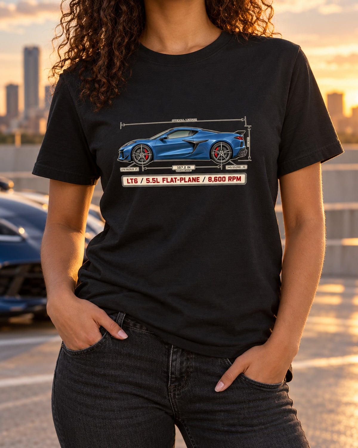 Corvette C8 Z06 LT6 Blueprint Tee, Flat-Plane V8 Car Shirt T-Shirt Black worn hero