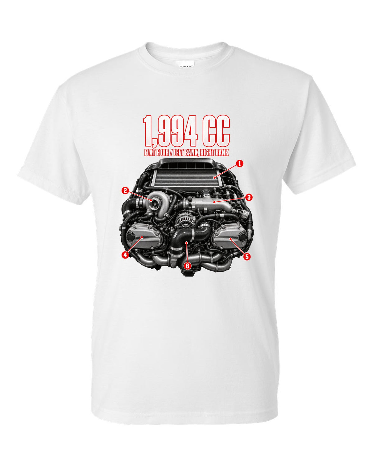 Subaru EJ20K flat-four boxer engine anatomy illustration from a GC8 WRX white t-shirt front view with the design