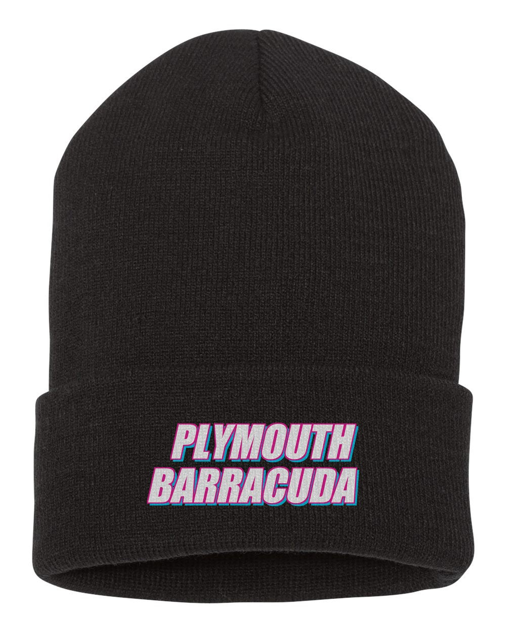 Plymouth Barracuda black beanie front view with car name