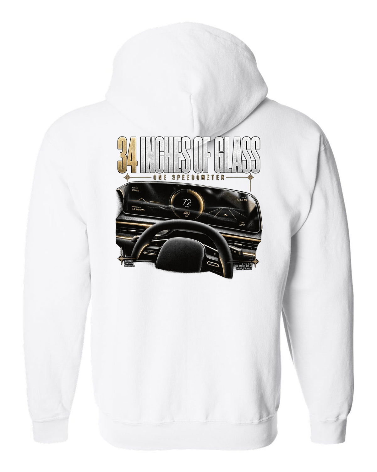 Lucid Air 2022 glass cockpit readout reading 34 inches of glass, one speedometer white zip hoodie back view with the design