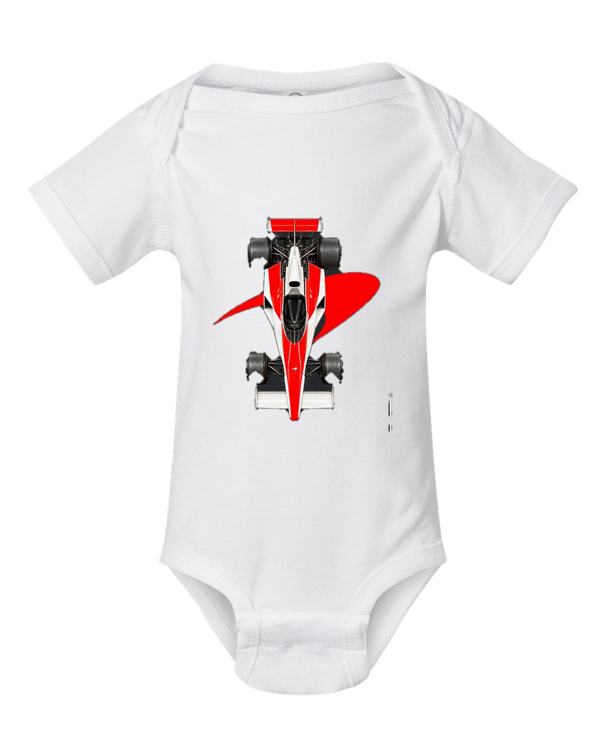 Mclaren M23 1974 Formula 1 overhead poster artwork white baby onesie front view with the design