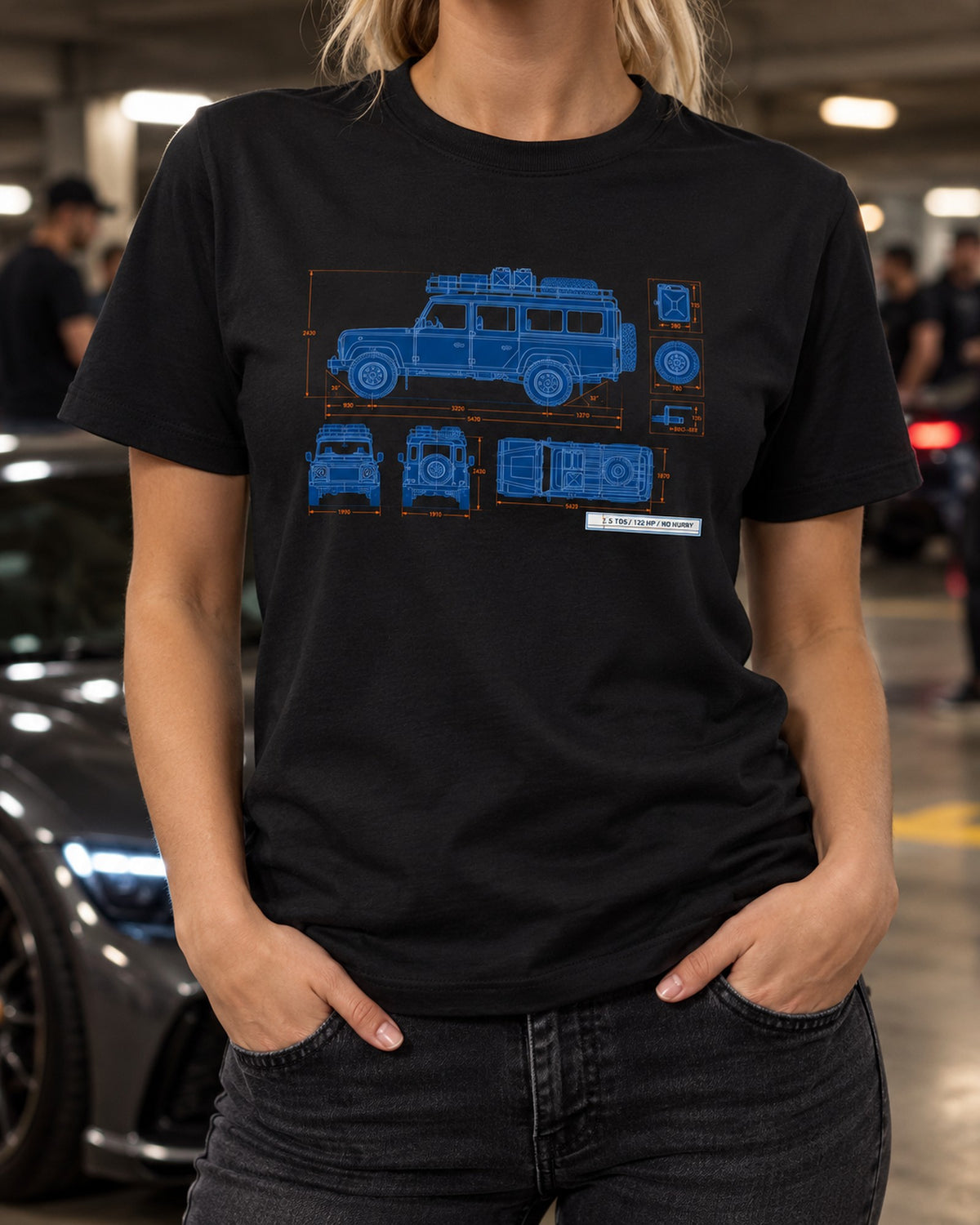 Land Rover Defender 110 Td5 Roof Rack Blueprint Tee T-Shirt Black worn hero