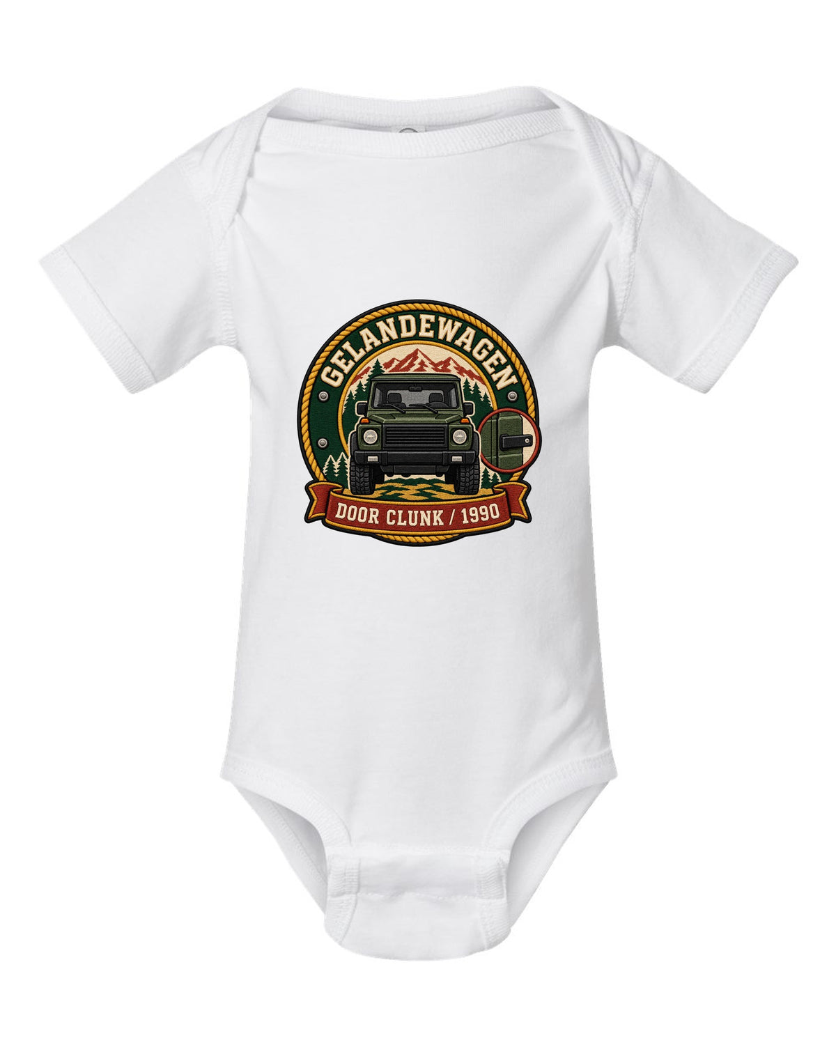 Embroidery-style shield crest graphic reading Door Clunk 1990 for a Mercedes G-Class W463, print white baby onesie front view with the design
