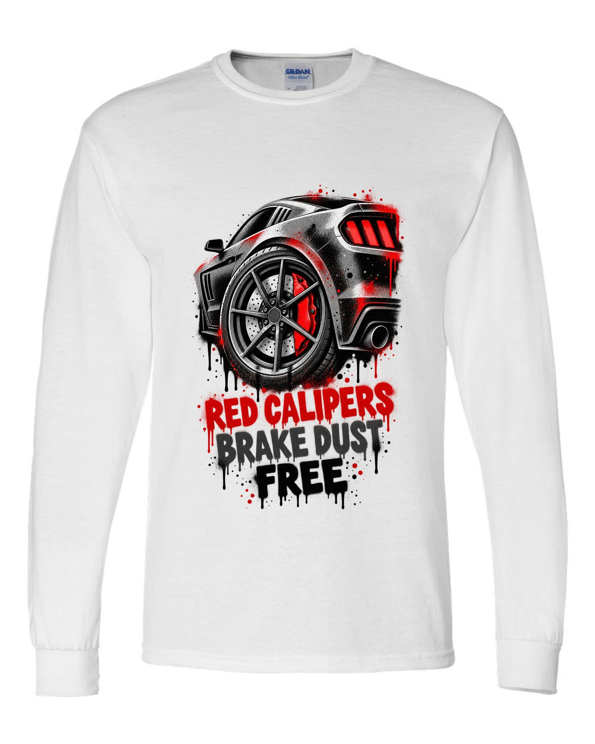 Stencil spray street art print of Kia Stinger GT CK red calipers with brake dust text white long sleeve front view with the design