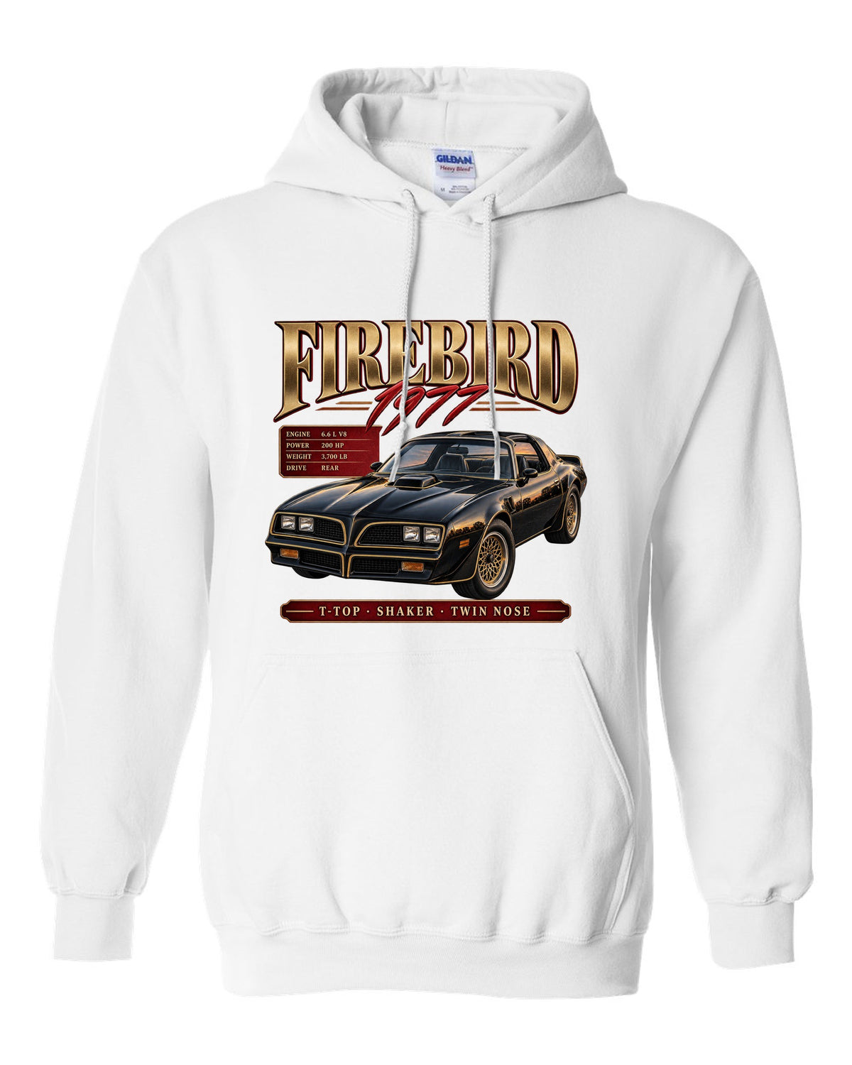 print archive panel of a 1977 Pontiac Firebird T-top with shaker and twin nose lettering white pull over hoodie front view with the design