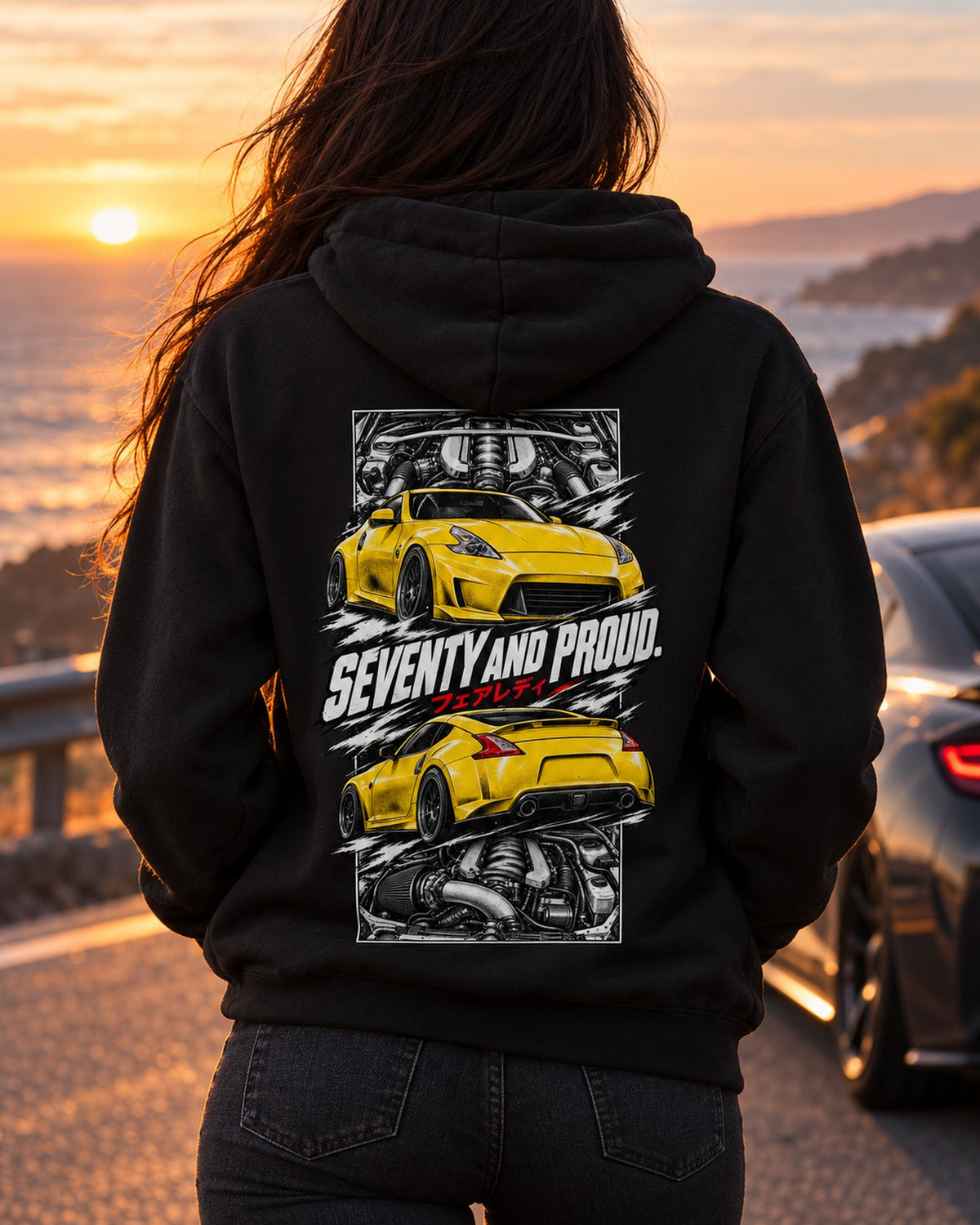 Nissan 370Z Z34 Torn Poster Full-Back Graphic Tee Pull Over Hoodie Black worn hero