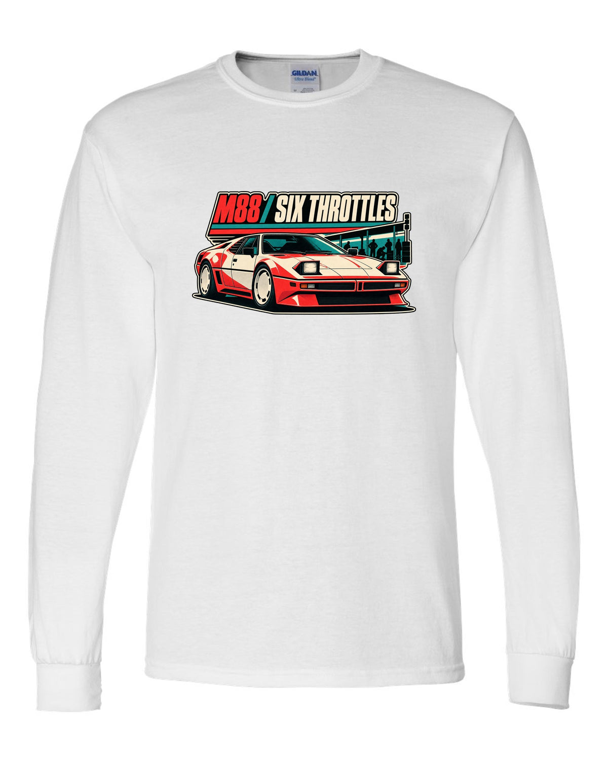 Vintage race poster print of a BMW M1 E26 with M88 six throttles lettering white long sleeve front view with the design